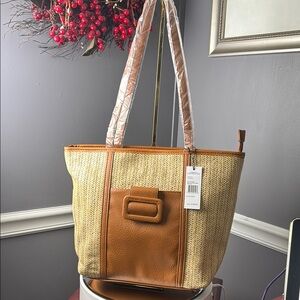 French Connection Tan & Brown Women's Lucia Straw Double Handle Tote Bag NWT